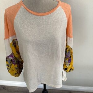 Umgee Cream and Orange Raglan Top with Floral Sleeves